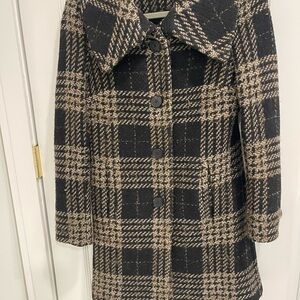 Anne Klein Checkered Pea Coat in Black and Brown